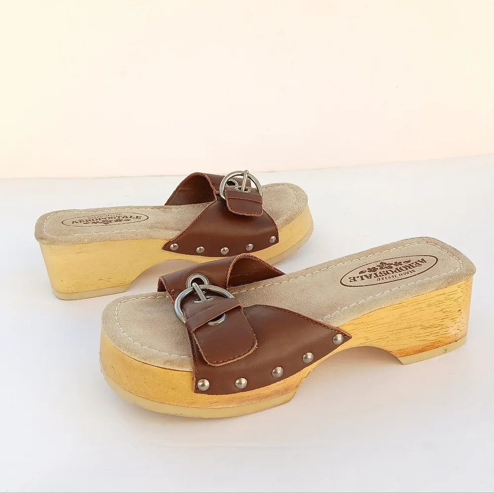 Vintage Y2K Platform Sandals Wooden Leather Slide